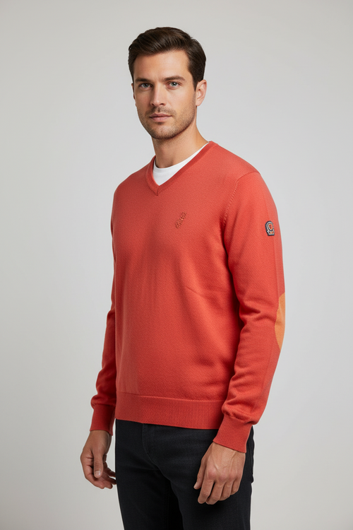 Maglia uomo Invicta - Scollo a V Toppe colore corallo Made in Italy