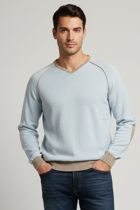 Maglia uomo Laboratori Italiani - Scollo a V base polsini e collo in contrasto Colore Celeste Made in Italy