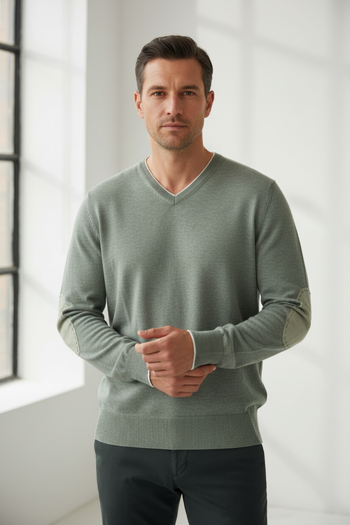 Maglia uomo Gran Sasso - Scollo a V Toppe in contrasto colore grigio Made in Italy