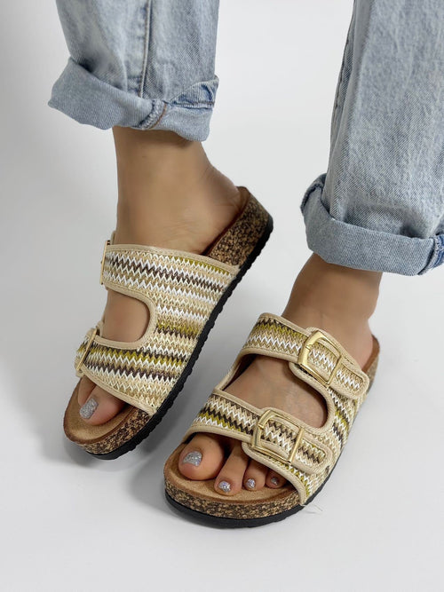 Brooke - Ciabatte doppia fibbia in tessuto decorata