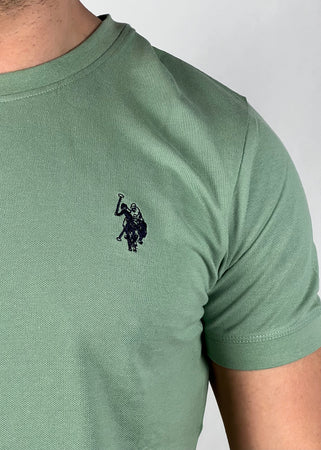 T-shirt bren verde salvia con logo blu a  nido d'ape