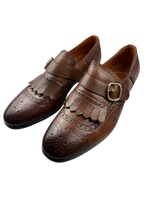 Scarpa Uomo Santoni - Mocassino Monk Strap Brogue pelle marrone