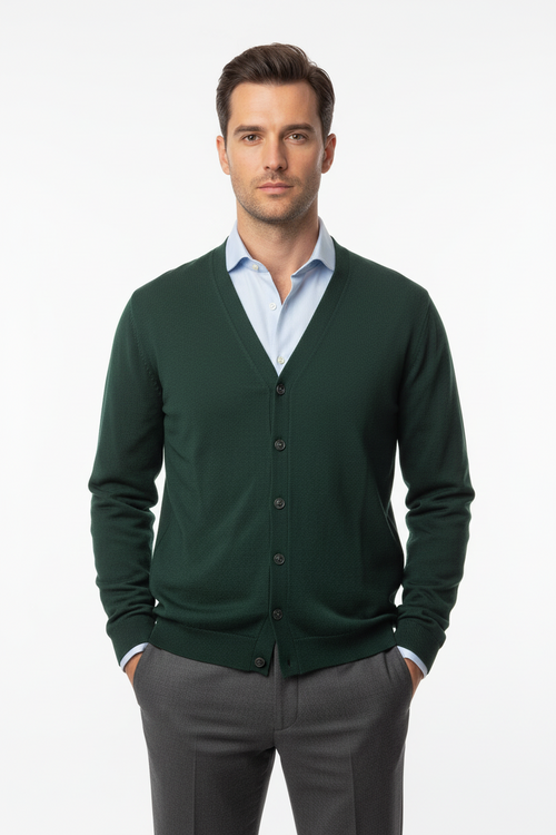 Cardigan uomo Bramante - Con bottoni 100% lana Merino extra fine colore Verde scuro