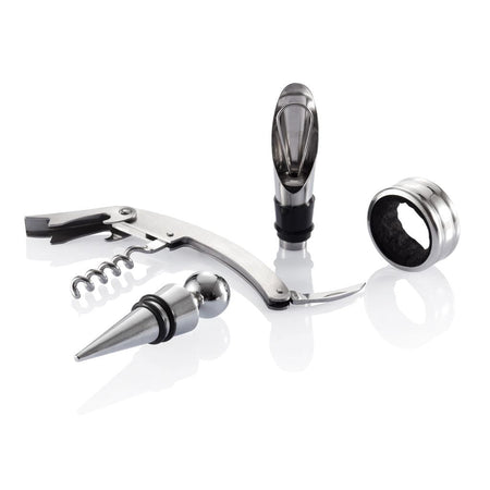 Set sommelier 4 pezzi Cavatappi con tagliacapsule, Anello anti goccia, Tappo chiudi bottiglia, Tappo versatore