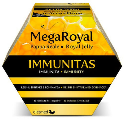 MegaRoyal Immunitas 20 fiale. Integratore alimentare a base di pappa reale, reishi, shitake ed echinacea. A sostegno del sistema immunitario contro lo stress ossidativo
