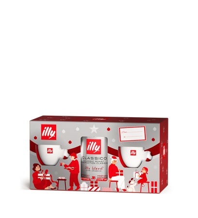 Illy confezione regalo kit caffè macinato tostato classico per espresso e 2 tazzine bianche con piattino disegnate da matteo thun