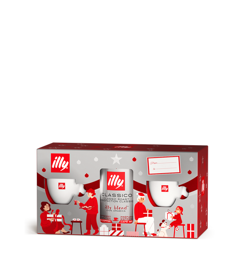 Illy confezione regalo kit caffè macinato tostato classico per espresso e 2 tazzine bianche con piattino disegnate da matteo thun