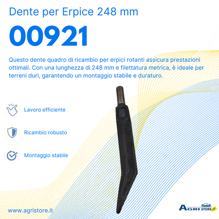 Dente per erpice lunghezza 248 mm lunghezza filetto 45 mm