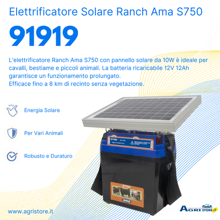 Elettrificatore Ranch Ama S750 a batteria con alimentazione a pannello solare 10W