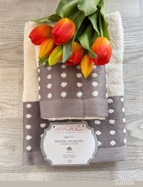 Set Asciugamani 1+1 Via Roma 60 Samba Pois – Spugna di Cotone Jacquard 420 gr/m²