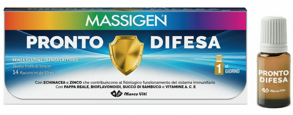 Pronto difesa Massigen 14 flaconcini 1+1 OMAGGIO. Con echinacea e Zinco per sostenere il sistema immunitario, pappa reale, bioflavonoidi, succo di sambuco e vit. A, C, E.