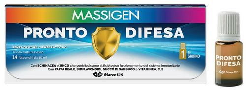 Pronto difesa Massigen 14 flaconcini 1+1 OMAGGIO. Con echinacea e Zinco per sostenere il sistema immunitario, pappa reale, bioflavonoidi, succo di sambuco e vit. A, C, E.