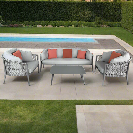 Salottino con cuscini "Bangkok" struttura in alluminio e rivestimento in corda PVC, da giardino e veranda