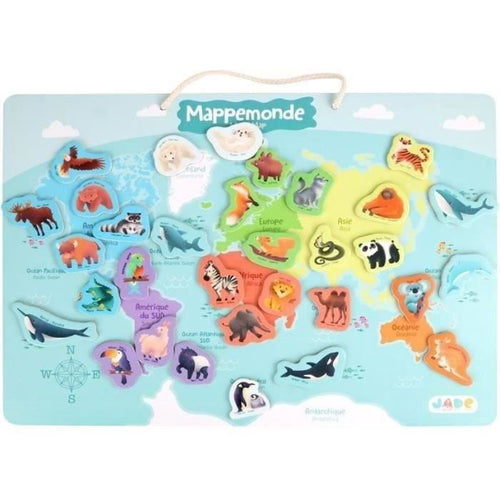 Tabellone magnetico dei continenti - Gioco educativo - JADE - 30 pezzi animali - Legno FSC - 40x30 cm - Dai 3 anni