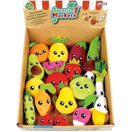 Set di 18 buste a sorpresa - JEMINI - Surprise Market - Peluche di frutta o verdura +/- 10 cm, adesivi e biglietti promemoria