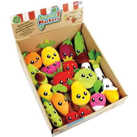 Set di 18 buste a sorpresa - JEMINI - Surprise Market - Peluche di frutta o verdura +/- 10 cm, adesivi e biglietti promemoria