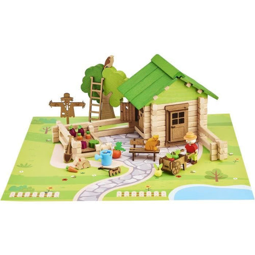Casa e Giardino 135 Pezzi - JEUJURA - Gioco di Costruzioni in Legno Naturale, Tappetino e Accessori Inclusi, 32x27x11 cm