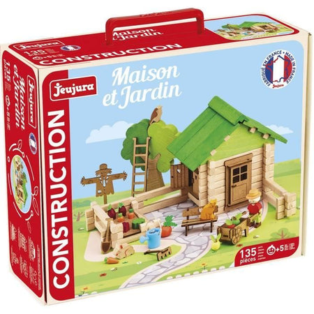 Casa e Giardino 135 Pezzi - JEUJURA - Gioco di Costruzioni in Legno Naturale, Tappetino e Accessori Inclusi, 32x27x11 cm