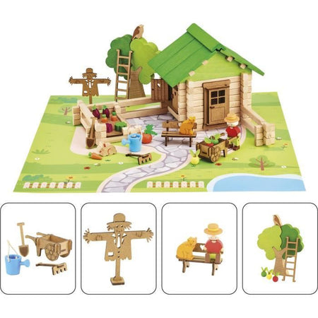 Casa e Giardino 135 Pezzi - JEUJURA - Gioco di Costruzioni in Legno Naturale, Tappetino e Accessori Inclusi, 32x27x11 cm