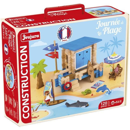 Giornata in Spiaggia 120 Pezzi - JEUJURA - Gioco di Costruzioni in Legno Naturale, Tappetino e Accessori Inclusi, 32x27x11 cm