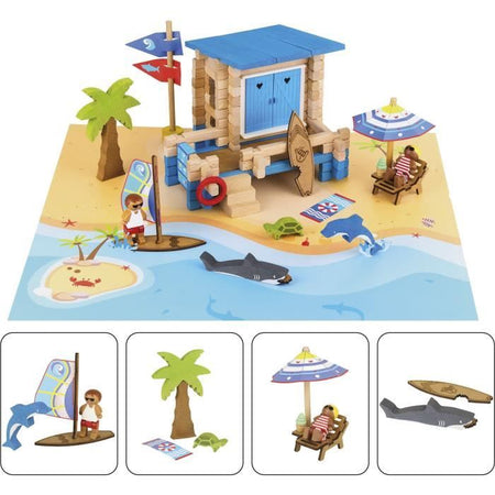 Giornata in Spiaggia 120 Pezzi - JEUJURA - Gioco di Costruzioni in Legno Naturale, Tappetino e Accessori Inclusi, 32x27x11 cm