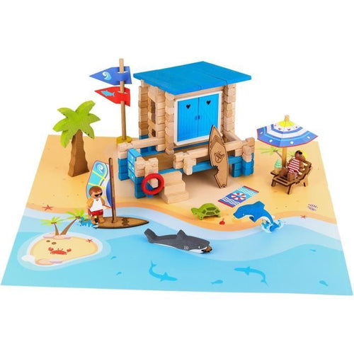 Giornata in Spiaggia 120 Pezzi - JEUJURA - Gioco di Costruzioni in Legno Naturale, Tappetino e Accessori Inclusi, 32x27x11 cm