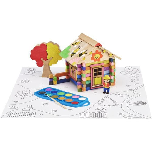 Chalet da dipingere 85 pezzi - JEUJURA - Gioco di costruzioni in legno naturale, accessori e vernice inclusi, 26x24x9 cm