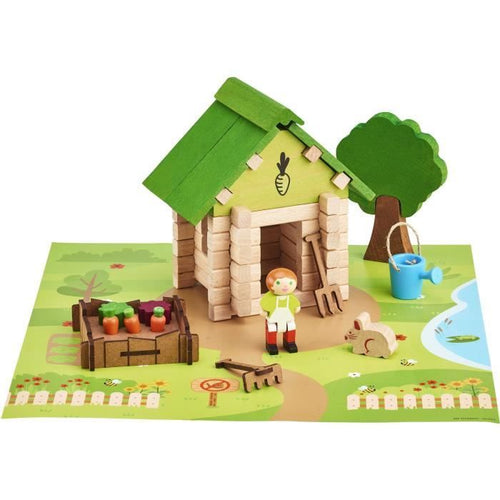 La Cabina del Giardiniere 60 Pezzi - JEUJURA - Gioco di Costruzioni in Legno Naturale, Tappetino e Accessori Inclusi, 22x18,5x8,5 cm