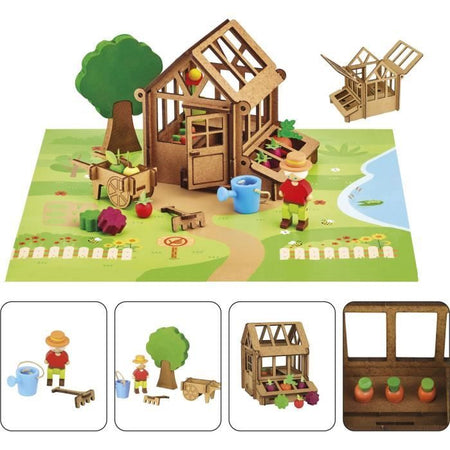La Serra del Giardiniere 40 Pezzi - JEUJURA - Gioco di Costruzioni in Legno Naturale, Tappetino e Accessori Inclusi, 22x18,5x8,5 cm