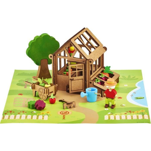 La Serra del Giardiniere 40 Pezzi - JEUJURA - Gioco di Costruzioni in Legno Naturale, Tappetino e Accessori Inclusi, 22x18,5x8,5 cm