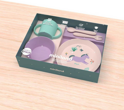 MINILAND Learning tableware Dream - set pappa educativo - bicchiere con manici, piatto piano, ciotola piatto fondo, posate - unicorno