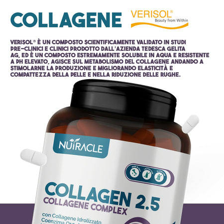 Collagene bioactive verisol® 2500 mg + acido ialuronico + coenzima q10 - integratore pelle, capelli e ossa con biotina, zinco e vitamina c - 120 compresse, nutracle