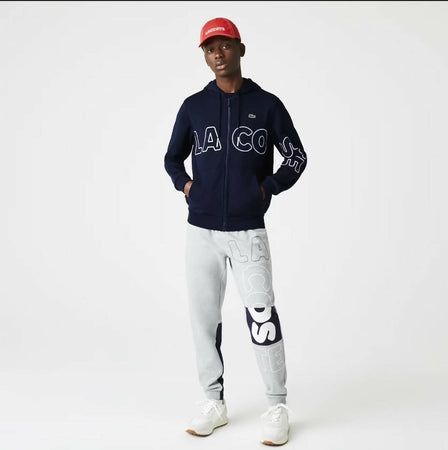 Lacoste Felpa Uomo Blu Con Cappuccio Maxi Logo Scritta LACOSTE Coccodrillo Verde Ricamato Felpa Con Cerniera Full Zip e Tasche