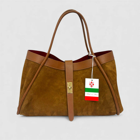 DOPPIASE Borsa in Vera Pelle Scamosciato con rifiniture in togo Made in Italy 45x25x20cm