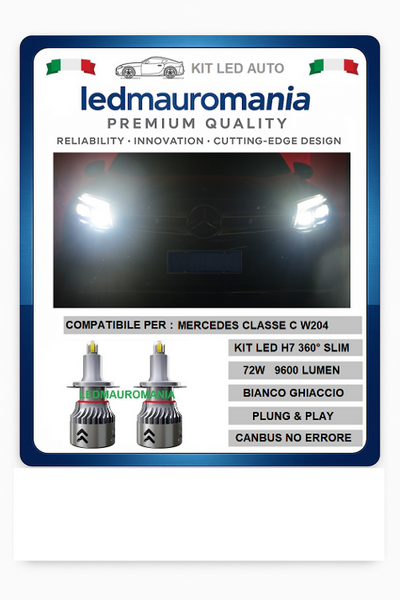 KIT LED MERCEDES CLASSE C W204 H7 FARI LENTICOLARI 360° 72W BIANCO 6000K CANBUS +PORTALAMPADE 04 SPECIFICO