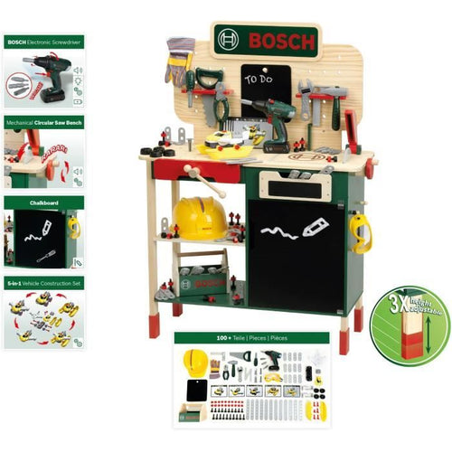 Banco da lavoro Bosch grande - KLEIN - 8734 - Legno FSC - Con cacciavite elettronico, cassetta degli attrezzi, set di costruzione, ecc. - Dai 3 anni
