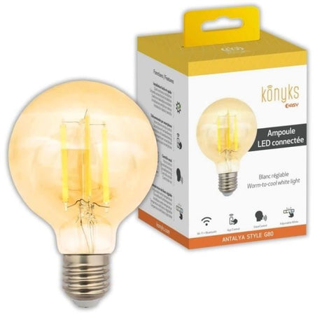 Lampadina connessa - KONYKS - Lampadina G80 stile Antalya E27 - Wifi + Bt - 7 W - Bianca orientabile - Compatibile con Alexa / Google Home