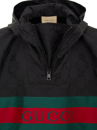 Gucci Mantella Nera con Logo Web e Stampa Monogramma GG da uomo