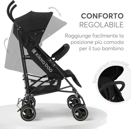 KIKKABOO Passeggino BEETLE - Passeggino da viaggio omologato fino a 22 kg - Pieghevole, Leggero, Compatto, colore NERO - telaio in alluminio, Chiusura Compatta, Schienale Reclinabile e Regolabile, Poggiagambe