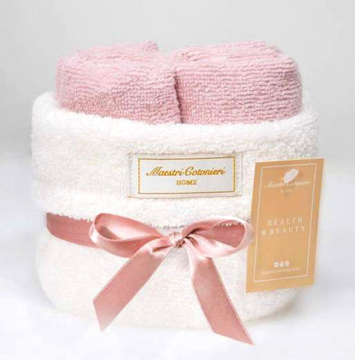 Set lavette Maestri Cotonieri 30x30 in spugna con cestino decorativo, accessorio bagno raffinato.