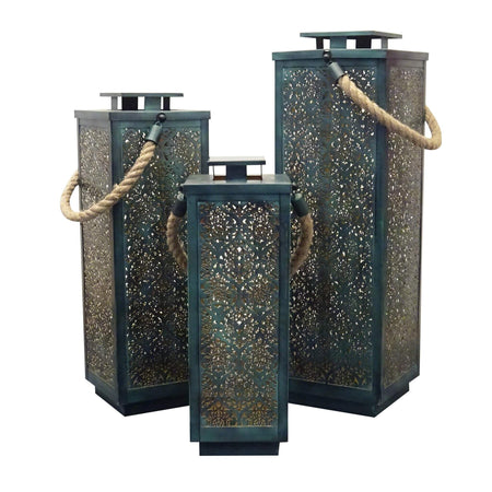 Kit 3 Lanterne decorative in metallo con portacandela decorato interno oro h 69 cm