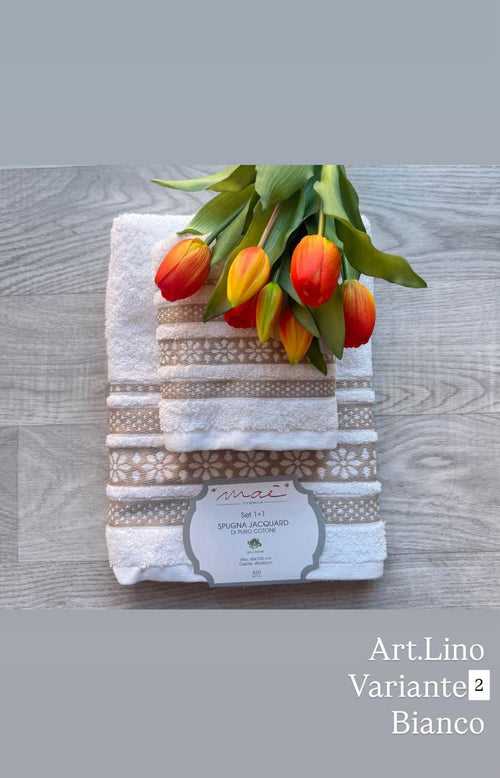 Set Asciugamani 1+1 Via Roma 60 Lino – Spugna di Cotone Jacquard 420 gr/m²