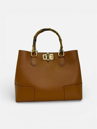 DOPPIASE Borsa artigianale Made in Italy in vera pelle martellata con manici in bamboo naturale 38x27x13cm