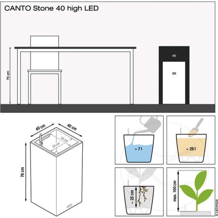 Vaso da fiori LECHUZA Canto Stone Column 40 - kit LED completo, nero grafite