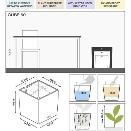 Vaso da fiori LECHUZA Cube Premium 50 - set completo, tortora lucido