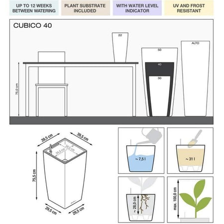 Vaso da fiori - LEC - Cubico Premium 40 - Rosso - Con riserva d'acqua - Kit completo
