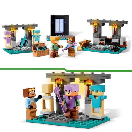LEGO 21252 Minecraft L'Armeria, giocattolo con lavorazione delle armi con personaggi dei videogiochi, minifigure di Alex