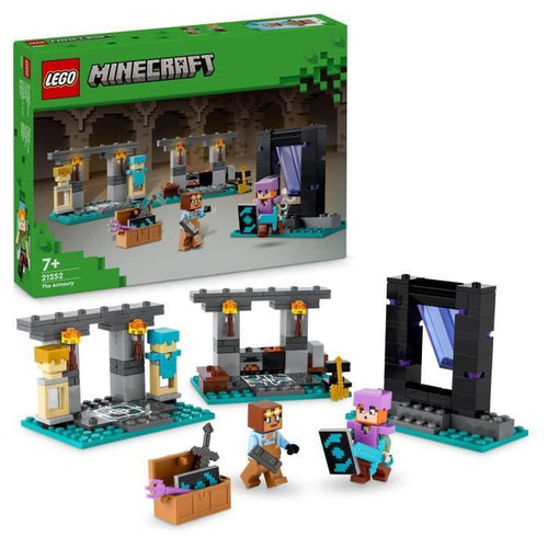 LEGO 21252 Minecraft L'Armeria, giocattolo con lavorazione delle armi con personaggi dei videogiochi, minifigure di Alex
