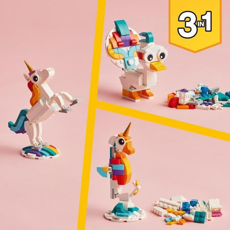 Lego Creator 3-in-1 31140 The Magic Unicorn, Ippocampal e Pavone giocattolo, Figurine per animali