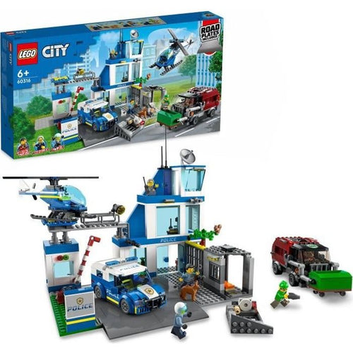 LEGO 60316 Stazione di polizia della città, macchinina, camion della spazzatura ed elicottero Bambini dai 6 anni in su, avventure ambientate